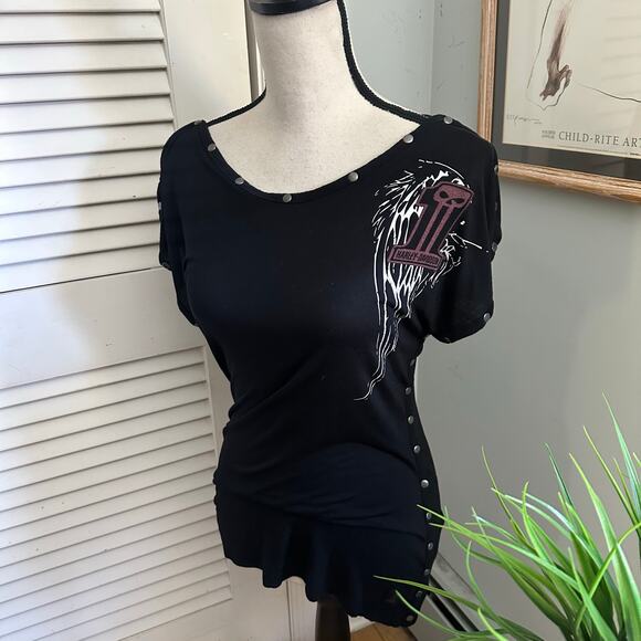 HARLEY DAVIDSON Top Womens Small Black Fitted Tee Graphic Studded Retro Y2K - Picture 2 of 9